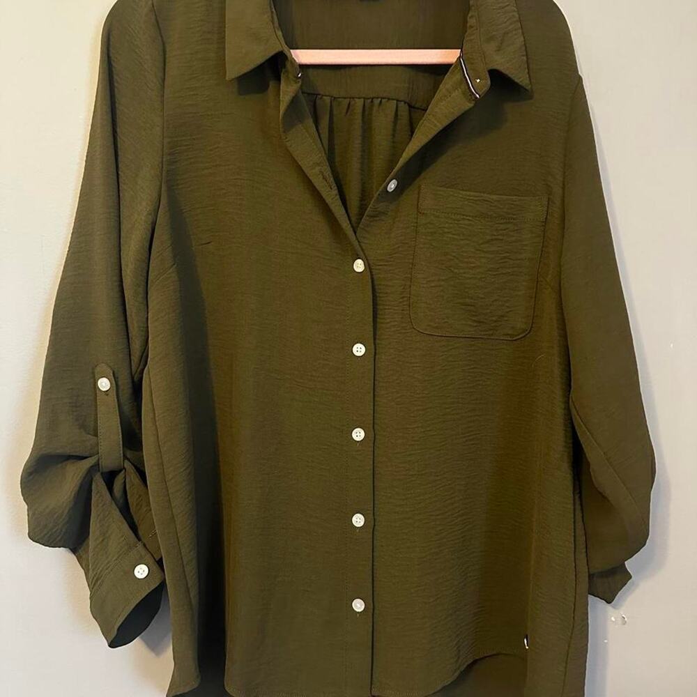 Tommy Hilfiger Shirt Womens M Olive Green Utility Button Down Roll Tab Sleeve